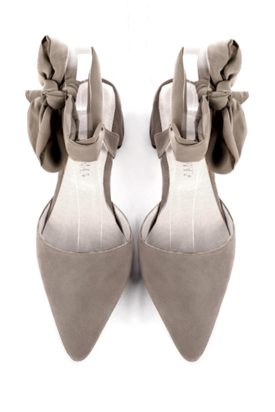 Bronze beige women's open back shoes, with an ankle scarf. Tapered toe. Low flare heels. Top view - Florence KOOIJMAN
